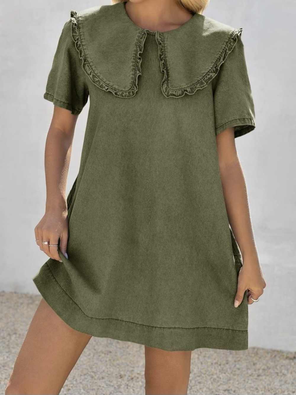 Wenrine Casual Olive Mini Dress with Ruffle Collar